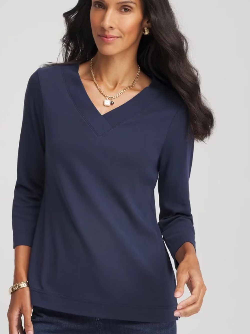 New Chico’s  Green Pima Cotton 3/4 Sleeve Wide V Tee Basic in Darkest Spruce XXL